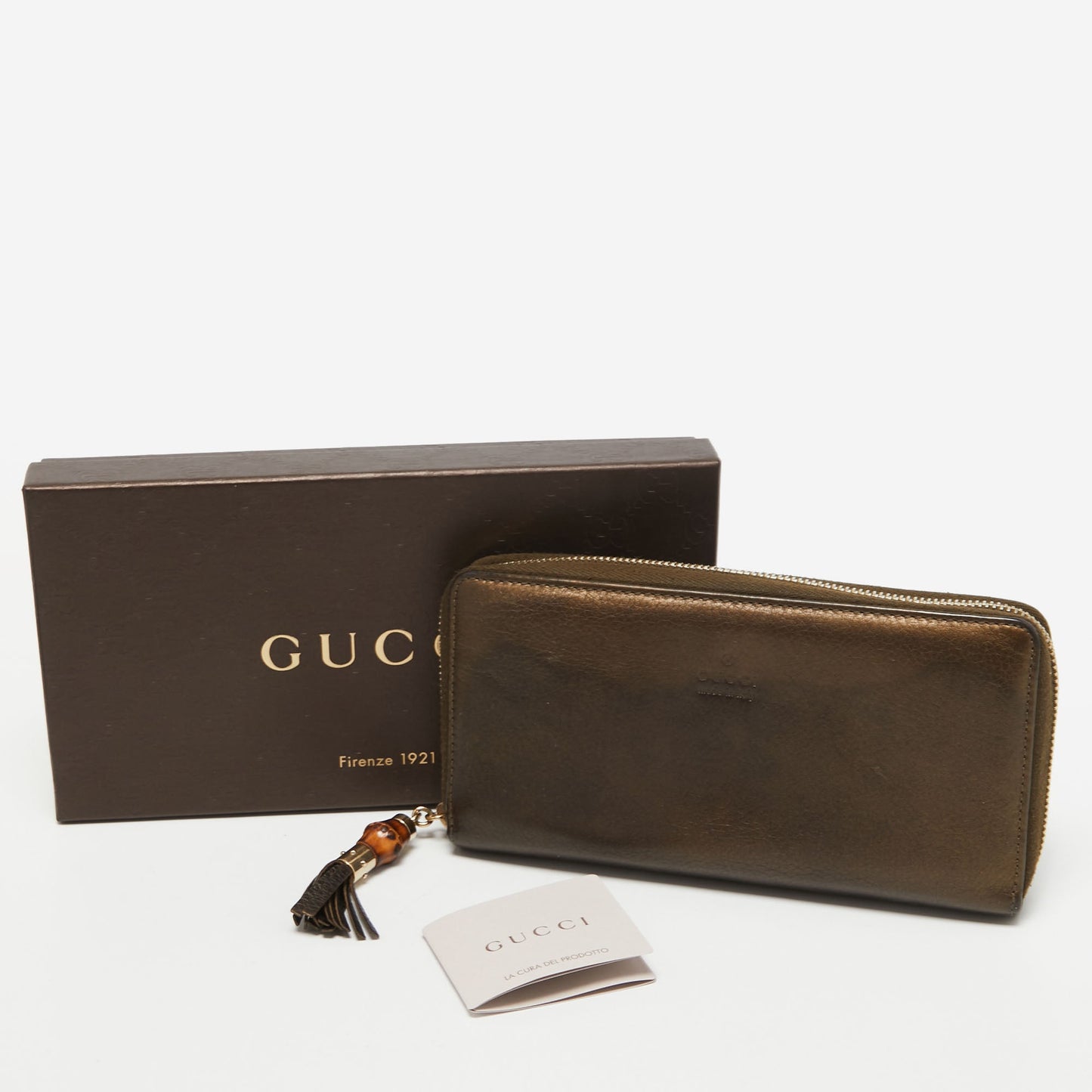 GUCCI Metallic Leather Bamboo Tassel Zip Around Wallet