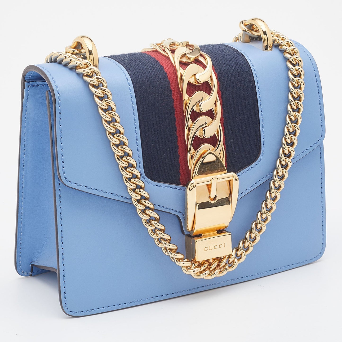 GUCCI Light Blue Leather Mini Chain Sylvie Crossbody Bag