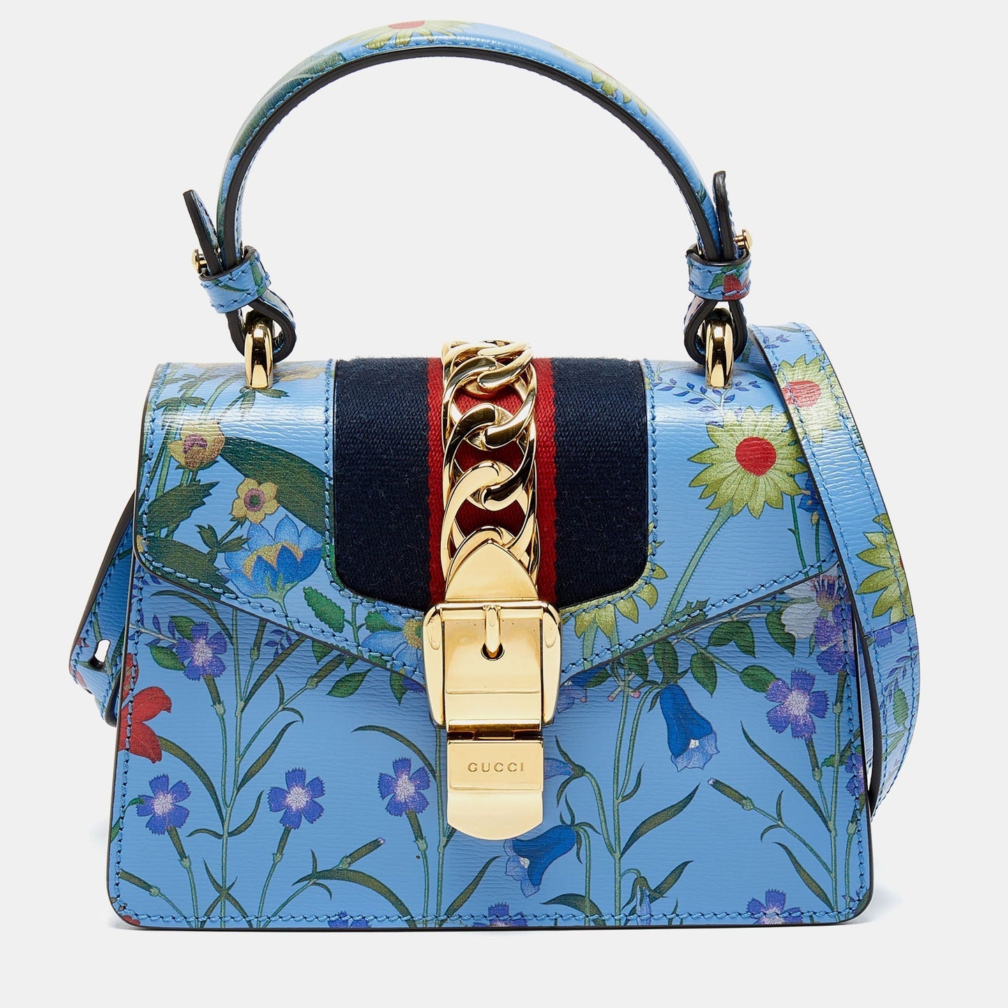 GUCCI Blue Floral Print Leather Mini Web Sylvie Top Handle Bag