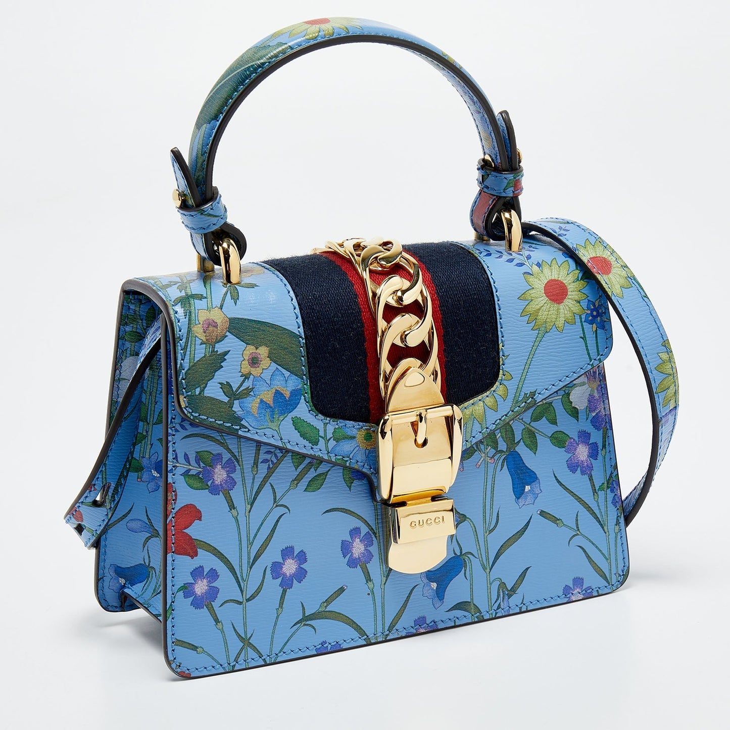 GUCCI Blue Floral Print Leather Mini Web Sylvie Top Handle Bag