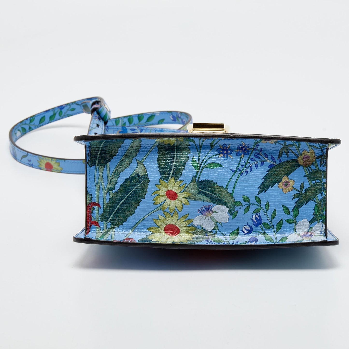 GUCCI Blue Floral Print Leather Mini Web Sylvie Top Handle Bag