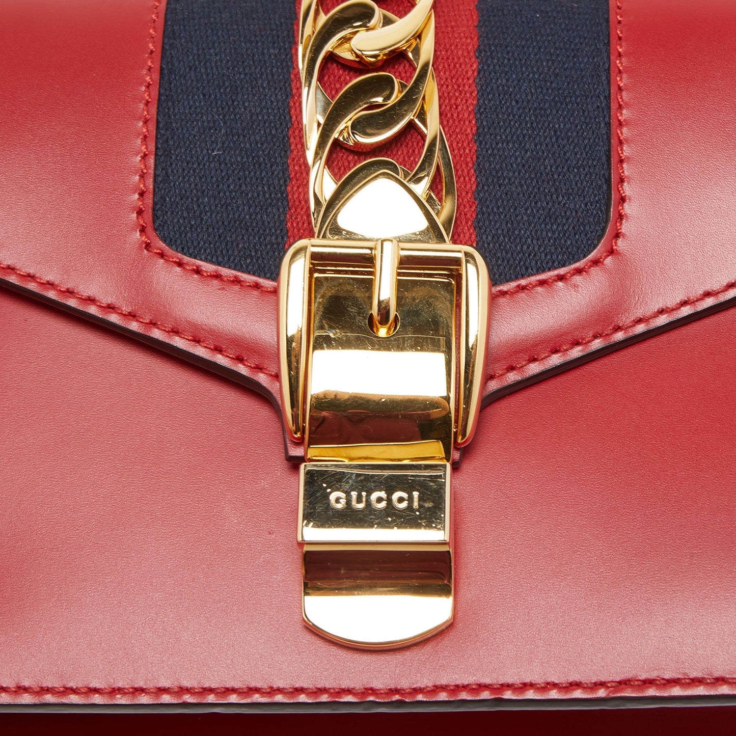 GUCCI Black Leather Mini Web Chain Sylvie Crossbody Bag