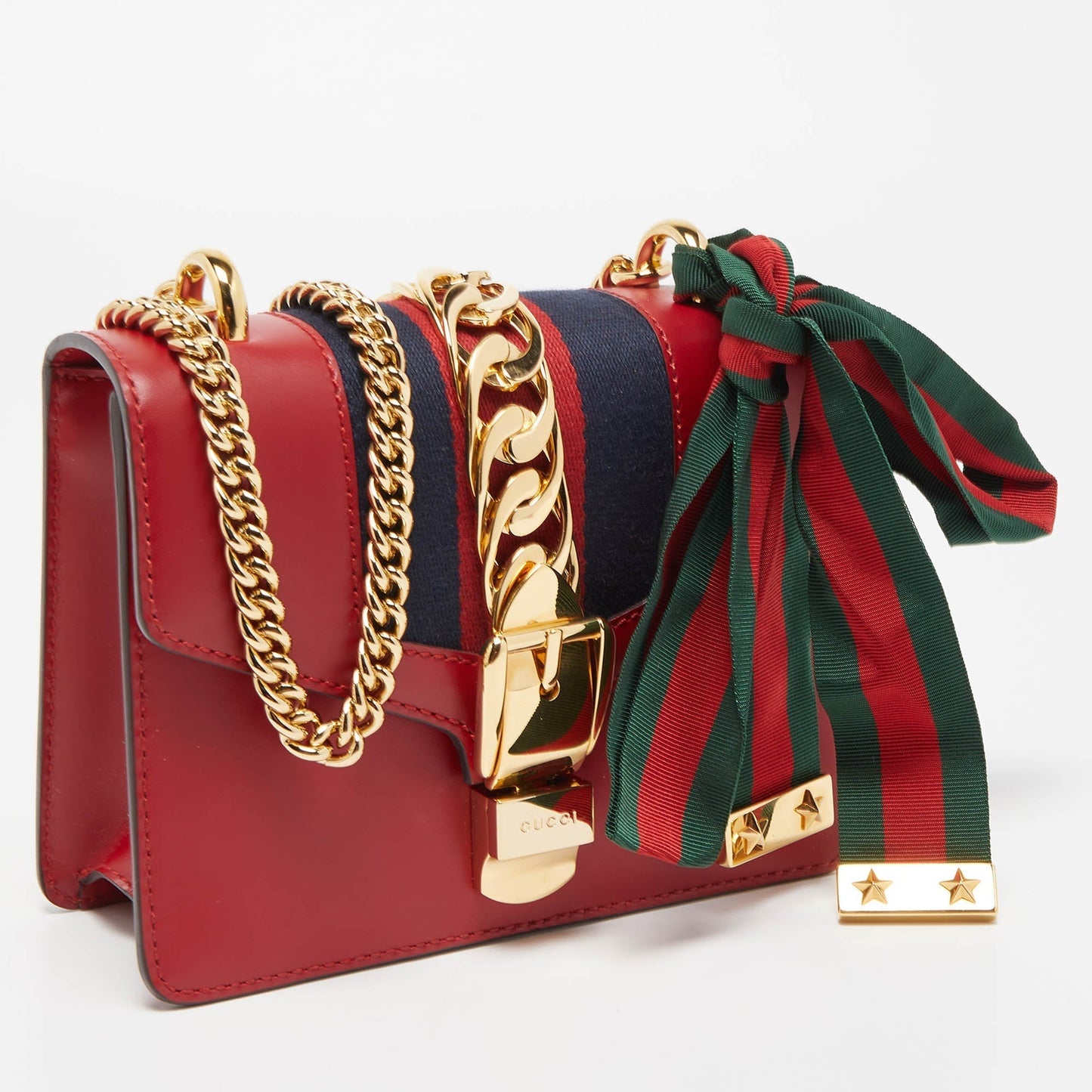 GUCCI Black Leather Mini Web Chain Sylvie Crossbody Bag