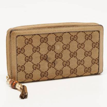 GUCCI Beige GG Canvas and Leather Bamboo Tassel Zip Around Wallet