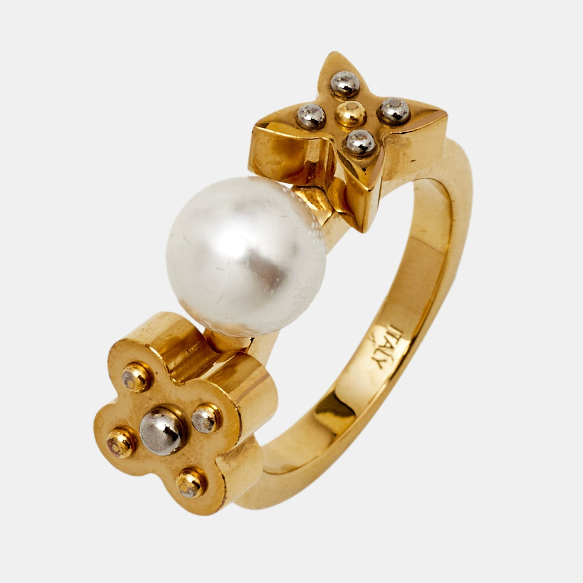 Louis Vuitton Gold Tone Faux Pearl Monogram Ring M