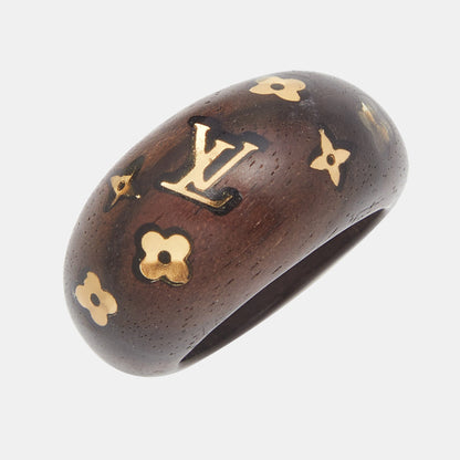 LOUIS VUITTON Gold Tone Monogram Wood Ring Size 56