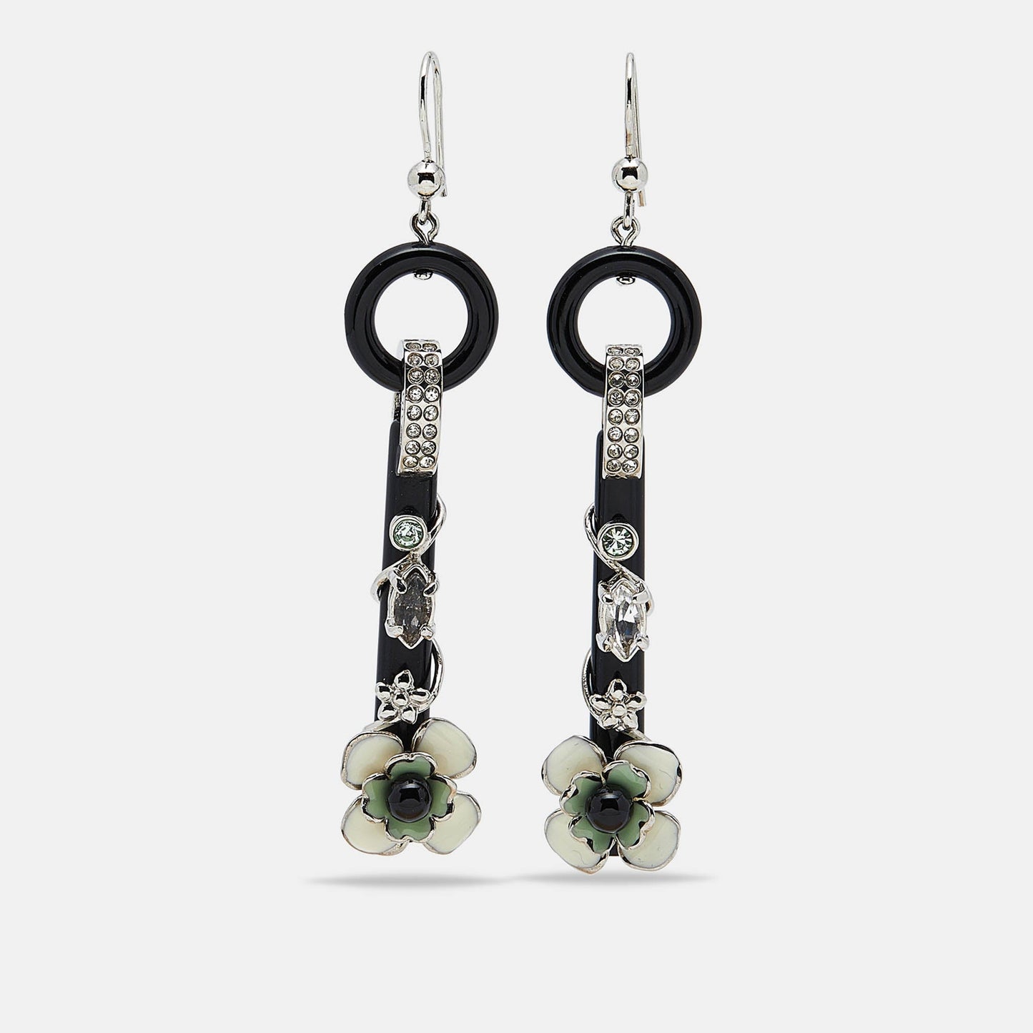 PRADA Flower Resin Crystals Enamel Silver Tone Drop Earrings