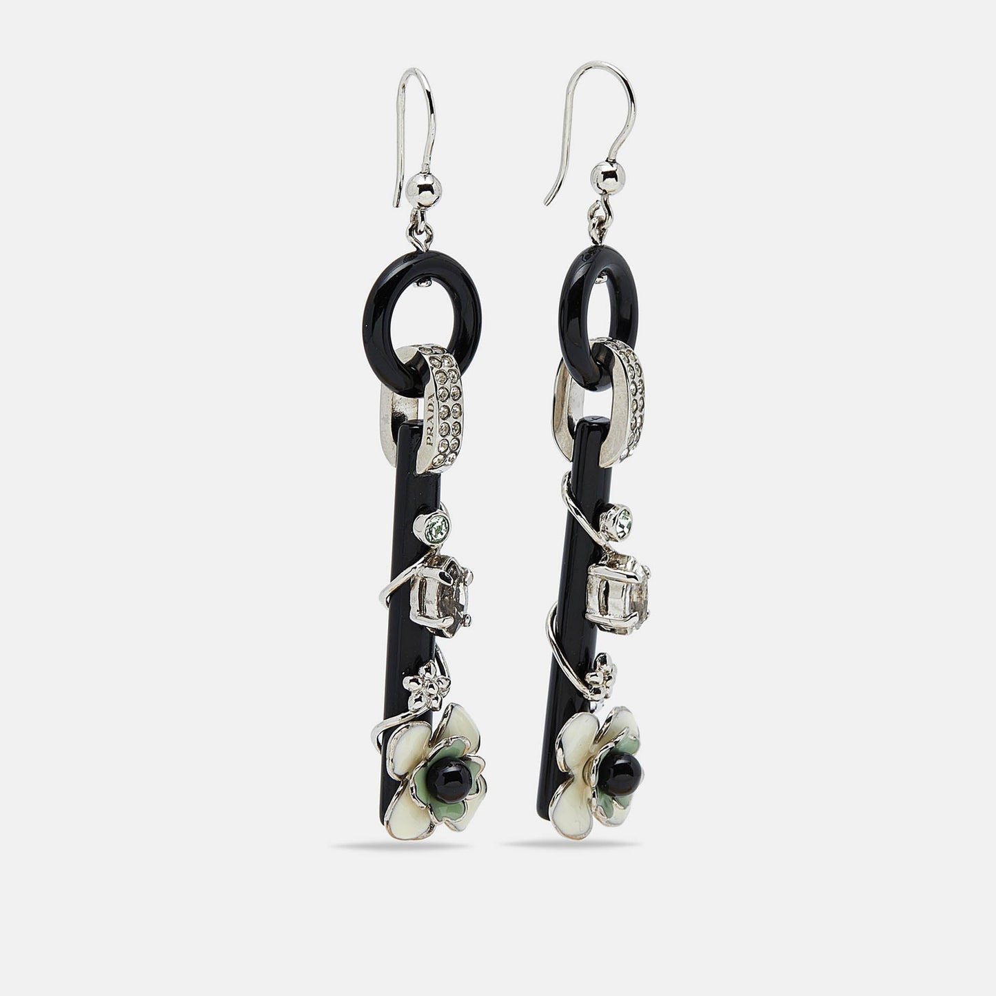 PRADA Flower Resin Crystals Enamel Silver Tone Drop Earrings