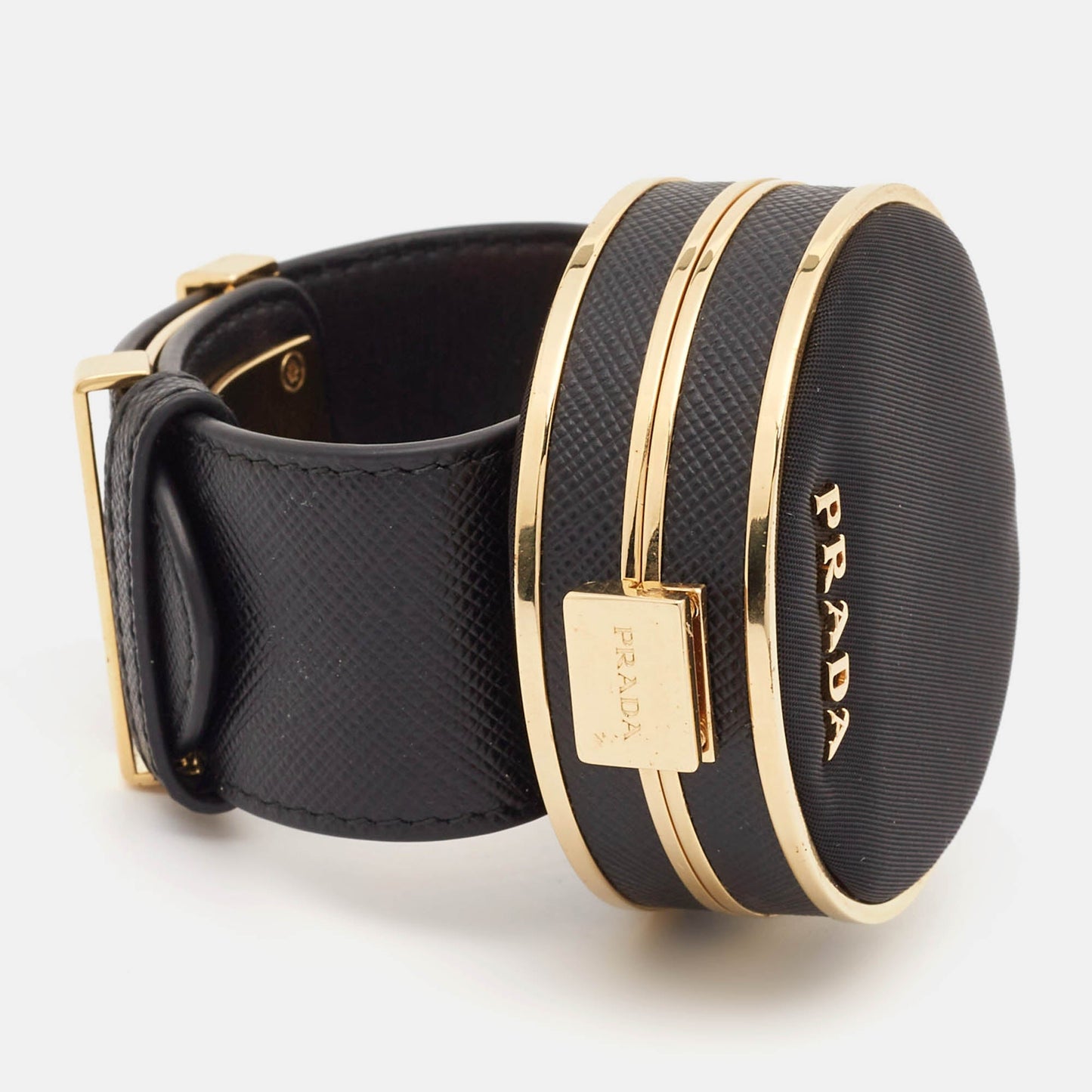 PRADA Saffiano Leather Fabric Gold Tone Vanity Bracelet