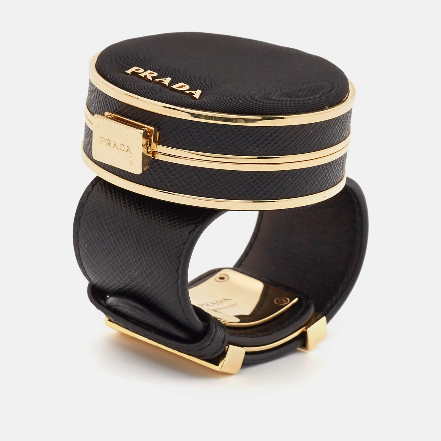 PRADA Saffiano Leather Fabric Gold Tone Vanity Bracelet