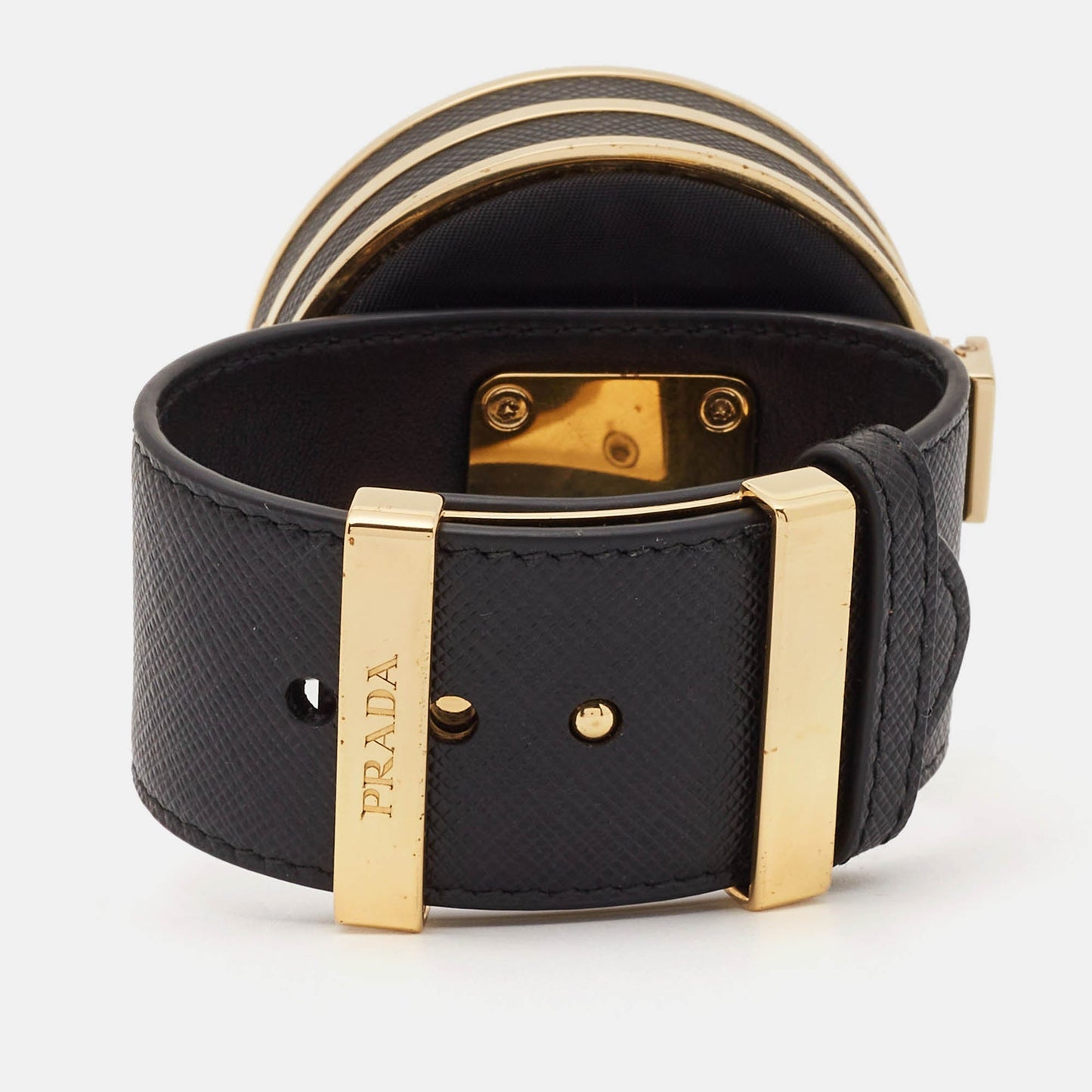 PRADA Saffiano Leather Fabric Gold Tone Vanity Bracelet