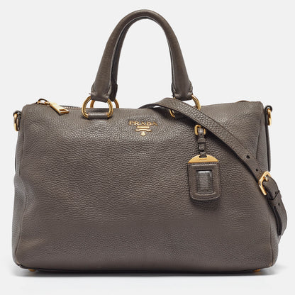 PRADA Dark Grey Vitello Daino Leather Duffle Bag