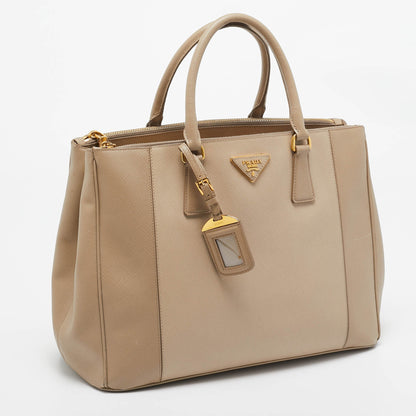 PRADA Two Tone Beige Saffiano Lux Leather Large Double Zip Tote