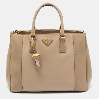 PRADA Two Tone Beige Saffiano Lux Leather Large Double Zip Tote