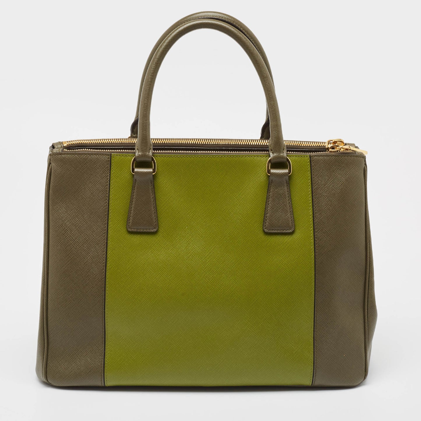 PRADA Two Tone Green Saffiano Lux Leather Medium Double Zip Tote