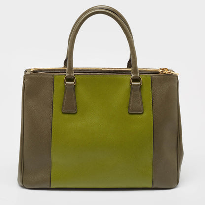 PRADA Two Tone Green Saffiano Lux Leather Medium Double Zip Tote