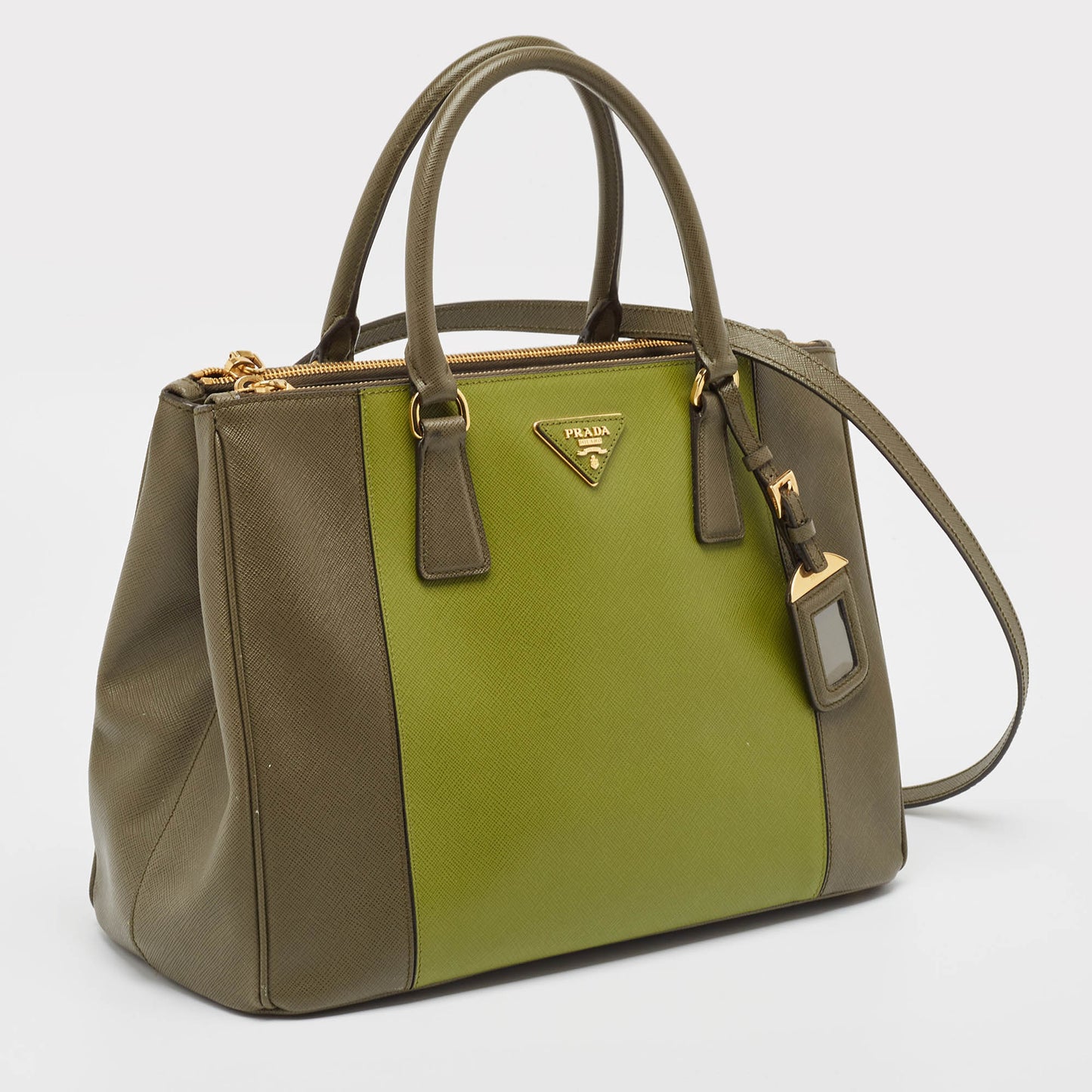 PRADA Two Tone Green Saffiano Lux Leather Medium Double Zip Tote