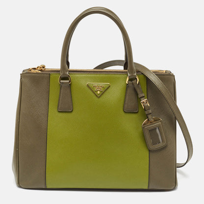 PRADA Two Tone Green Saffiano Lux Leather Medium Double Zip Tote