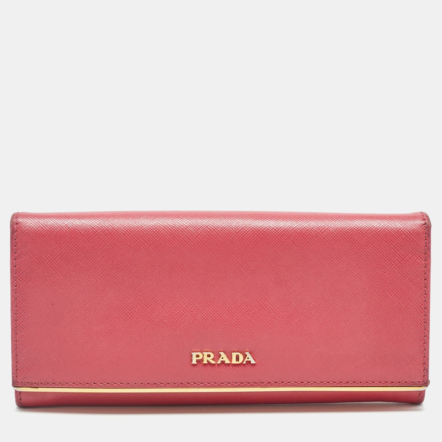 PRADA Pink Saffiano Leather Metal Flap Continental Wallet