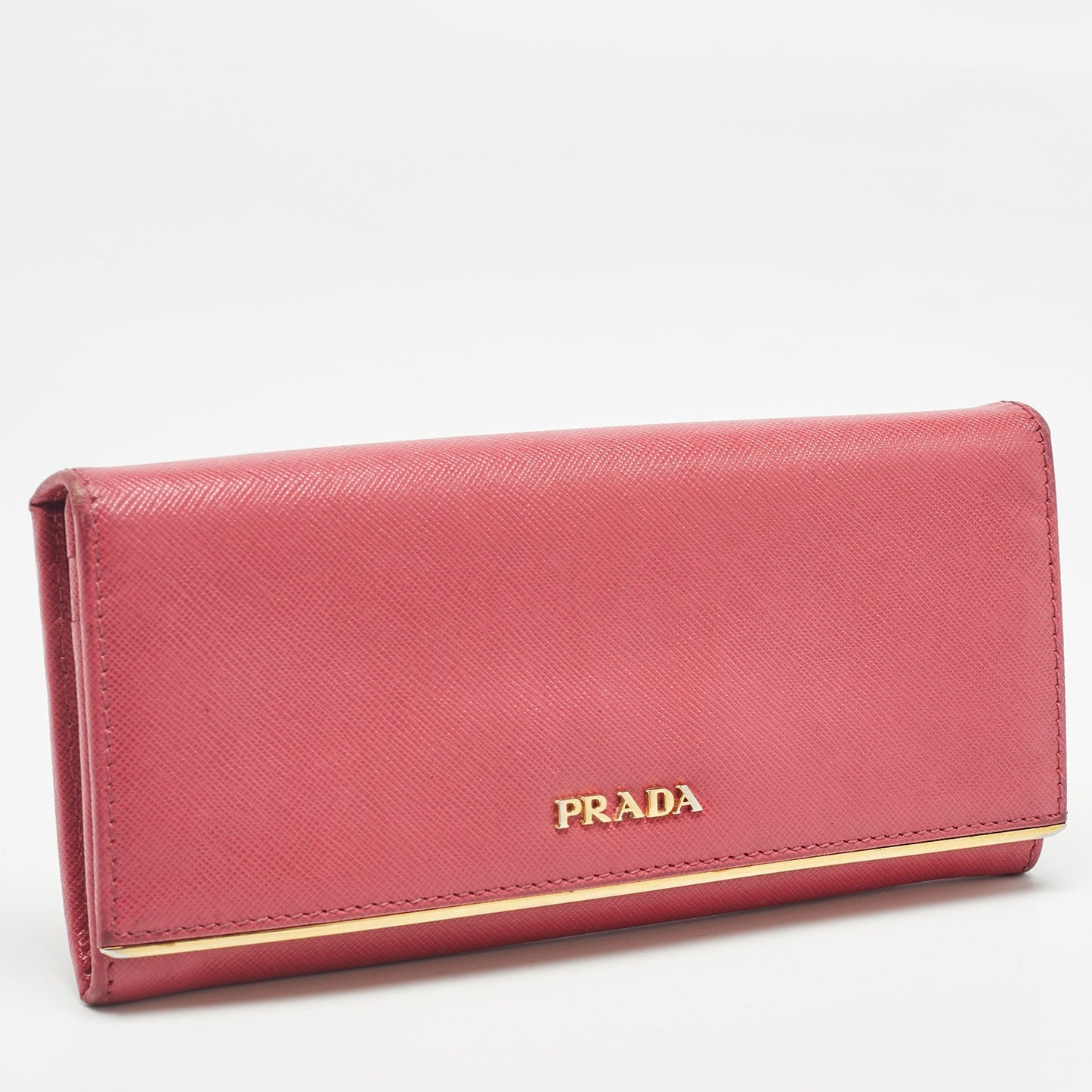 PRADA Pink Saffiano Leather Metal Flap Continental Wallet