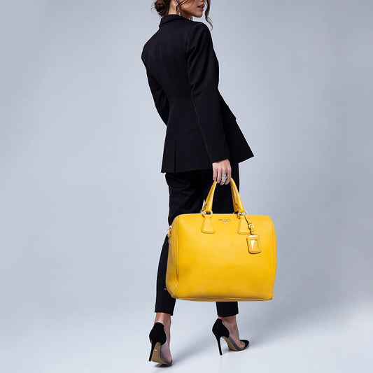 PRADA Mustard Vitello Daino Leather Boston Duffel Bag