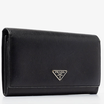 PRADA Black Saffiano Metal Leather Logo Flap Continental Wallet