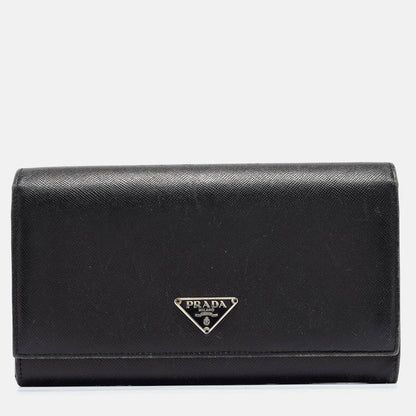 PRADA Black Saffiano Metal Leather Logo Flap Continental Wallet