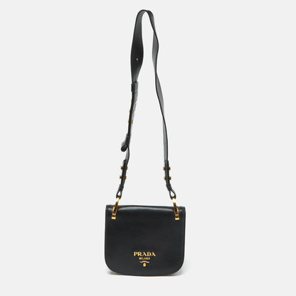 PRADA Black Leather City Calf Pionnire Saddle Shoulder Bag