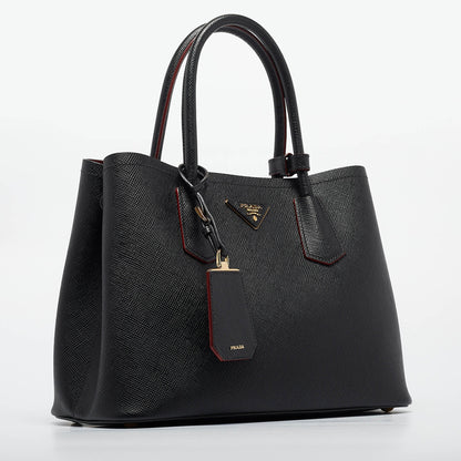 PRADA Black Saffiano Cuir Leather Small Double Handle Tote