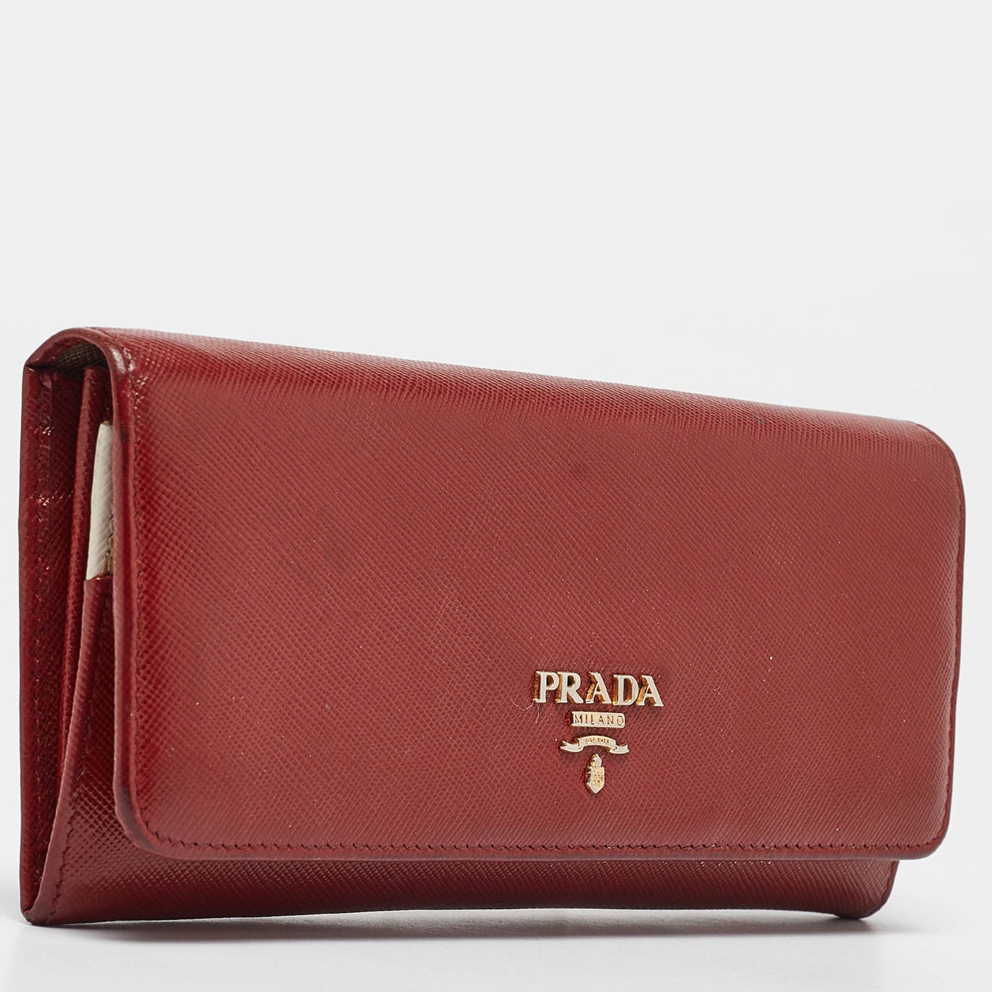 PRADA Red Saffiano Metal Leather Logo Flap Continental Wallet