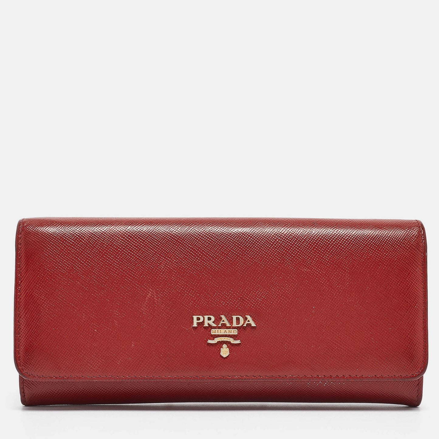 PRADA Red Saffiano Metal Leather Logo Flap Continental Wallet