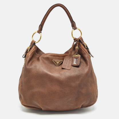 PRADA Brown Cervo Leather Side Zip Hobo