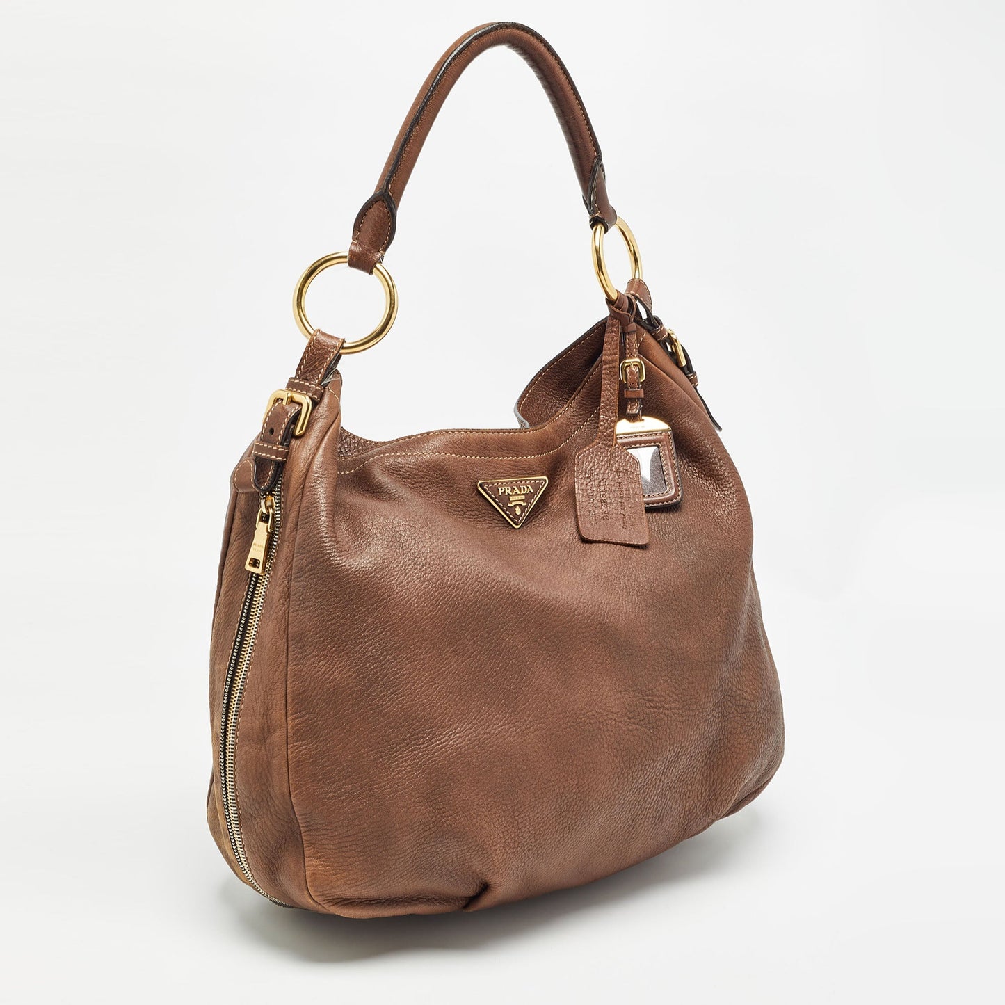 PRADA Brown Cervo Leather Side Zip Hobo