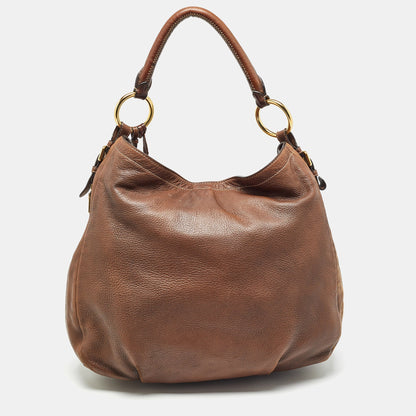 PRADA Brown Cervo Leather Side Zip Hobo