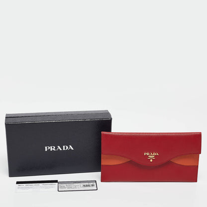 PRADA Red/Orange Saffiano Cross Leather Wave Continental Wallet