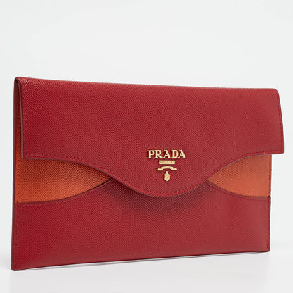 PRADA Red/Orange Saffiano Cross Leather Wave Continental Wallet