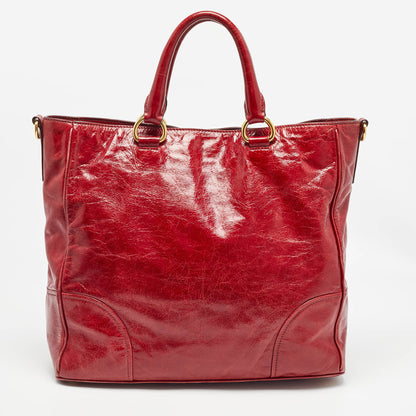 PRADA Red Vitello Shine Leather Logo Shopper Tote