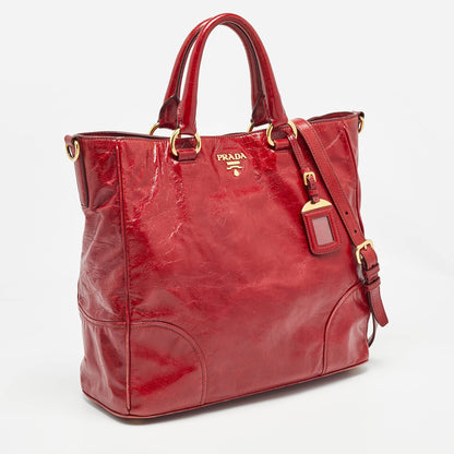 PRADA Red Vitello Shine Leather Logo Shopper Tote