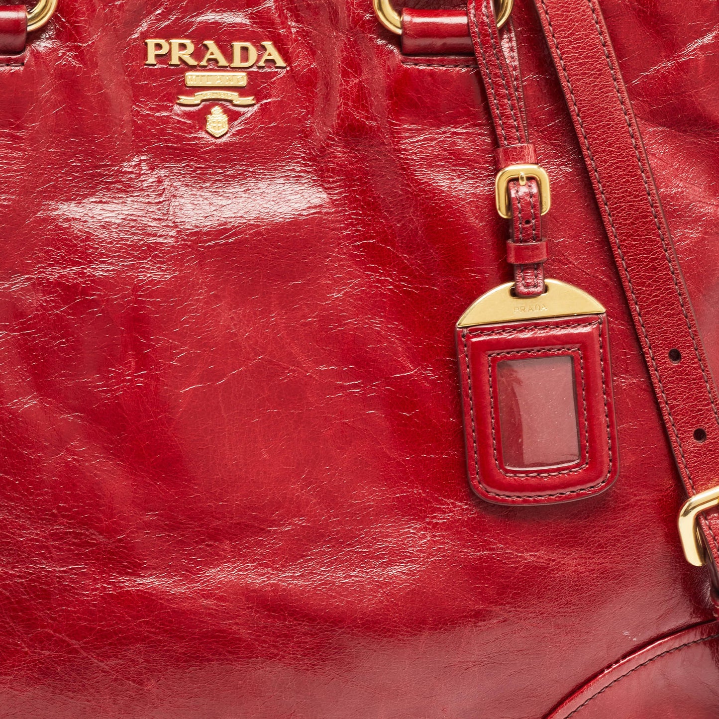 PRADA Red Vitello Shine Leather Logo Shopper Tote