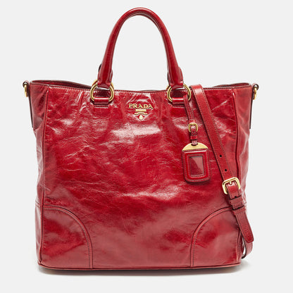 PRADA Red Vitello Shine Leather Logo Shopper Tote