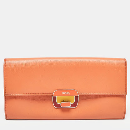 PRADA Orange Leather Pushlock Flap Continental Wallet