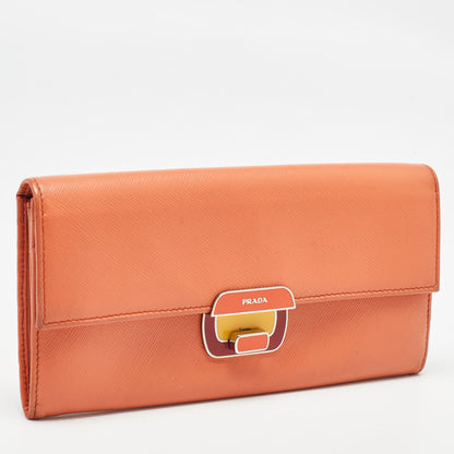 PRADA Orange Leather Pushlock Flap Continental Wallet