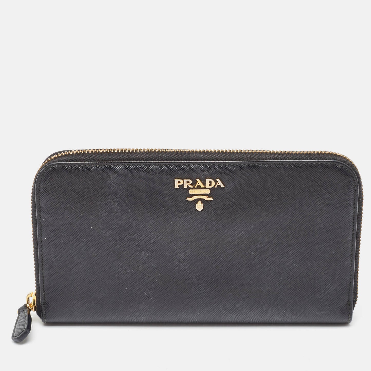 PRADA Black Saffiano Leather Zip Around Wallet