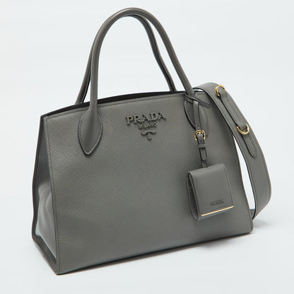 PRADA Grey Saffiano Cuir Leather Monochrome Tote