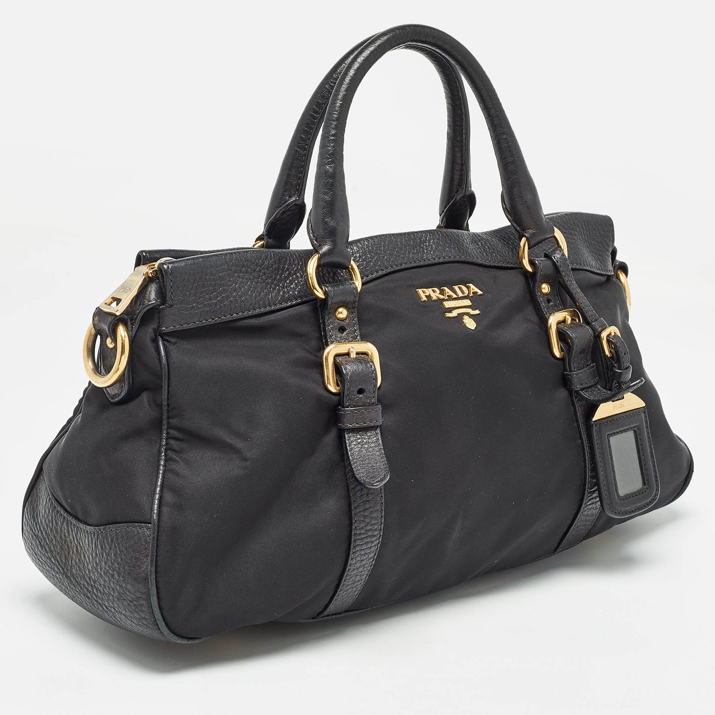 PRADA Black Nylon and Leather Top Zip Satchel