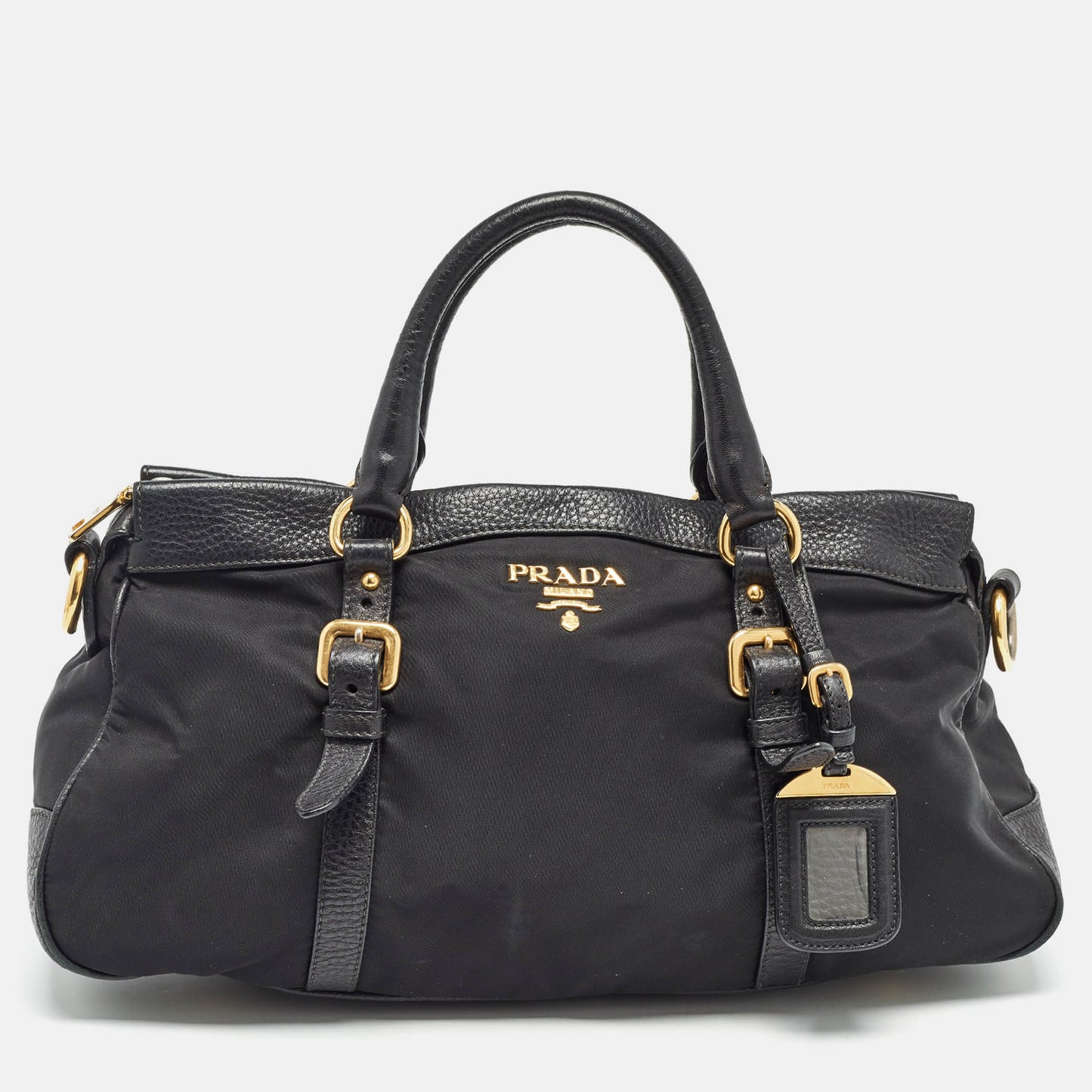 PRADA Black Nylon and Leather Top Zip Satchel