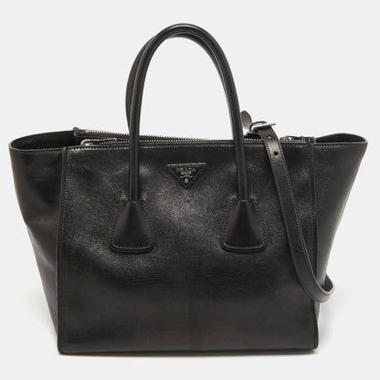 PRADA Black Leather Twin Pocket Double Handle Tote