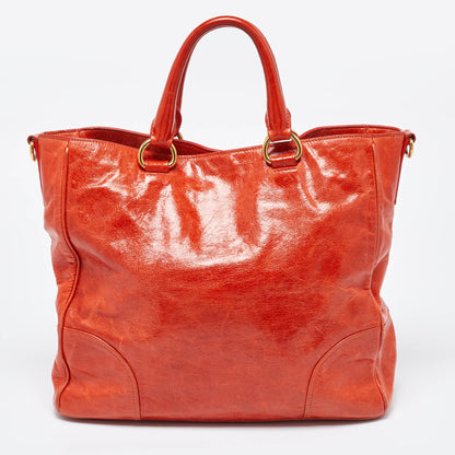 PRADA Orange Vitello Shine Leather Snap Tote