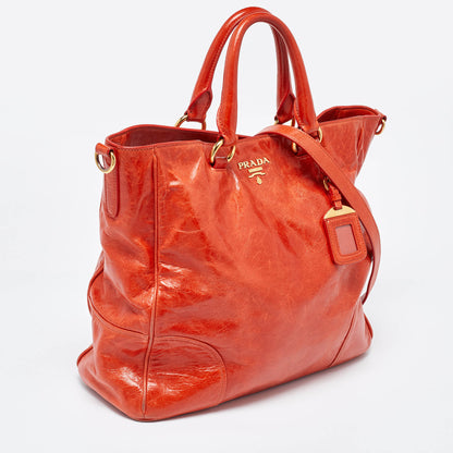 PRADA Orange Vitello Shine Leather Snap Tote