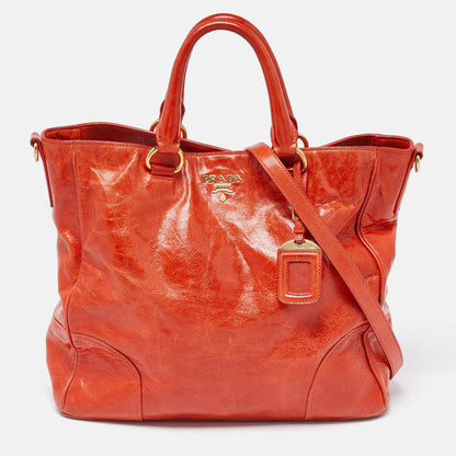 PRADA Orange Vitello Shine Leather Snap Tote